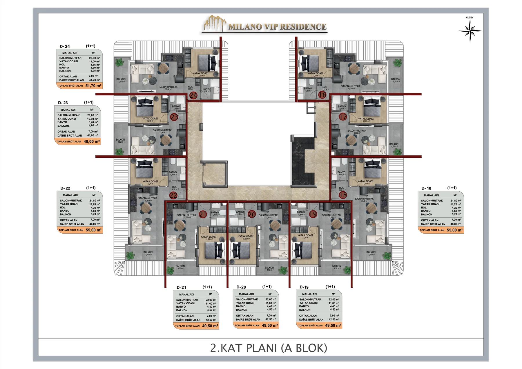 планировка — Квартира 1+1 в Milano VIP A-23, Хасбахче